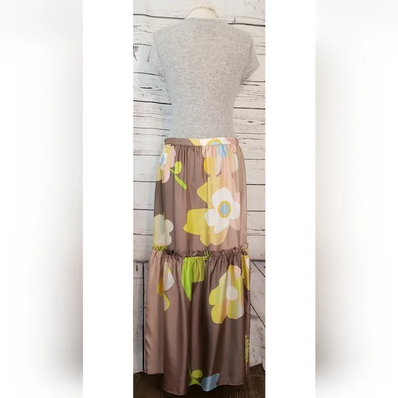Cynthia Rowley Maxi Skirt, Brown Floral Silk, Size XL, 12 *NEW!*